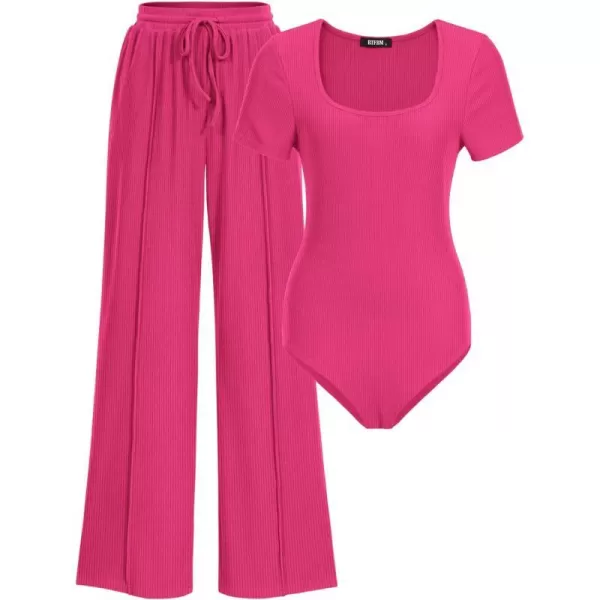imageBTFBM Womens Casual 2 Pieces Outfits Square Neck Short Sleeve Shapewear Bodysuit Drawstring Pants Knit Matching SetsSolid Rose Red
