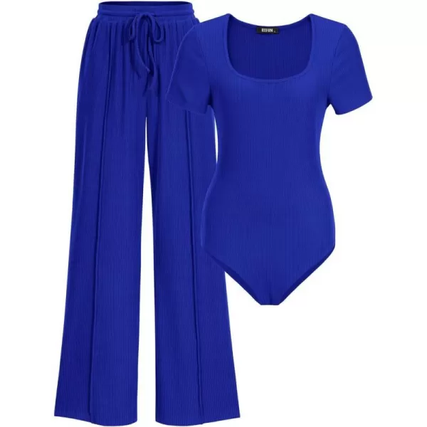 imageBTFBM Womens Casual 2 Pieces Outfits Square Neck Short Sleeve Shapewear Bodysuit Drawstring Pants Knit Matching SetsSolid Royal Blue