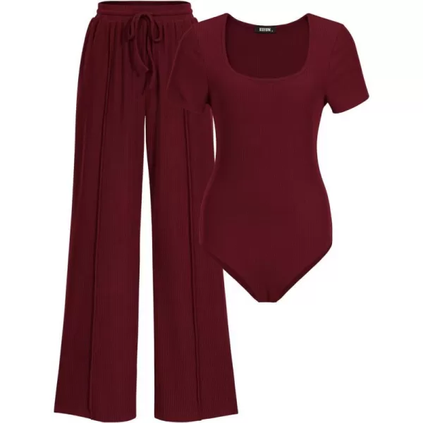 imageBTFBM Womens Casual 2 Pieces Outfits Square Neck Short Sleeve Shapewear Bodysuit Drawstring Pants Knit Matching SetsSolid Wine Red