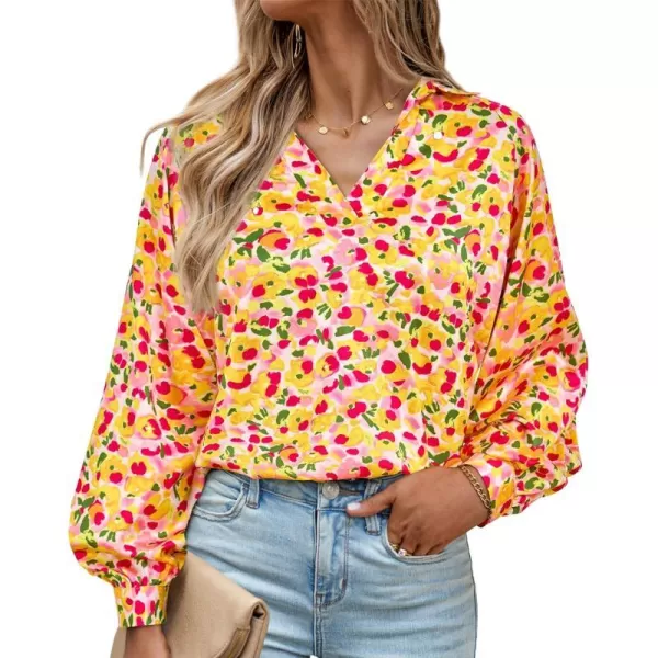 imageBTFBM Womens Casual Boho Blouse Tops Abstract Print Lapel V Neck Lantern Long Sleeve Summer Spring Loose Blouses ShirtsFloral Pink Yellow