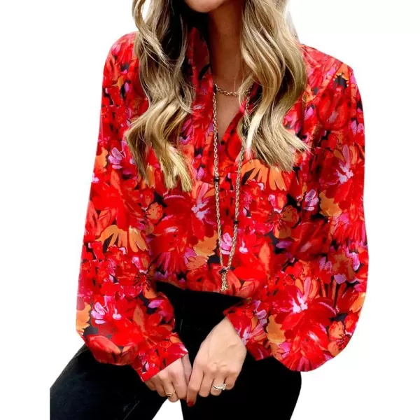 imageBTFBM Womens Casual Boho Blouse Tops Abstract Print Lapel V Neck Lantern Long Sleeve Summer Spring Loose Blouses ShirtsFloral Red Black