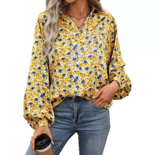 imageBTFBM Womens Casual Boho Blouse Tops Abstract Print Lapel V Neck Lantern Long Sleeve Summer Spring Loose Blouses ShirtsFloral Yellow Blue