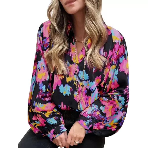 imageBTFBM Womens Casual Boho Blouse Tops Abstract Print Lapel V Neck Lantern Long Sleeve Summer Spring Loose Blouses ShirtsPrint Black