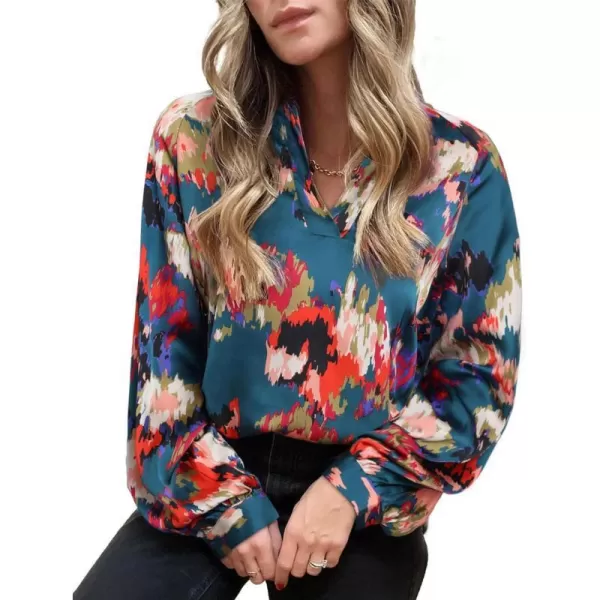 imageBTFBM Womens Casual Boho Blouse Tops Abstract Print Lapel V Neck Lantern Long Sleeve Summer Spring Loose Blouses ShirtsPrint Dark Green