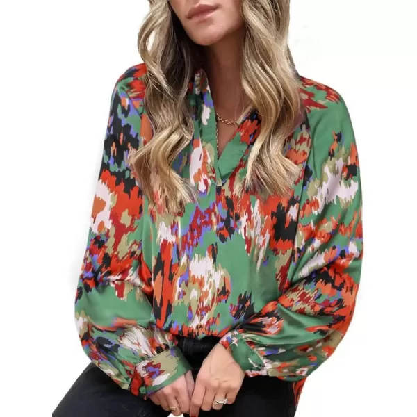 imageBTFBM Womens Casual Boho Blouse Tops Abstract Print Lapel V Neck Lantern Long Sleeve Summer Spring Loose Blouses ShirtsPrint Green