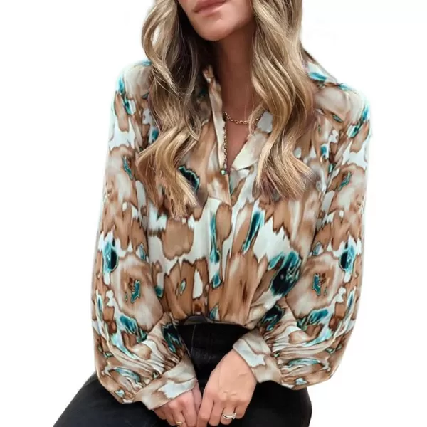 imageBTFBM Womens Casual Boho Blouse Tops Abstract Print Lapel V Neck Lantern Long Sleeve Summer Spring Loose Blouses ShirtsPrint Khaki