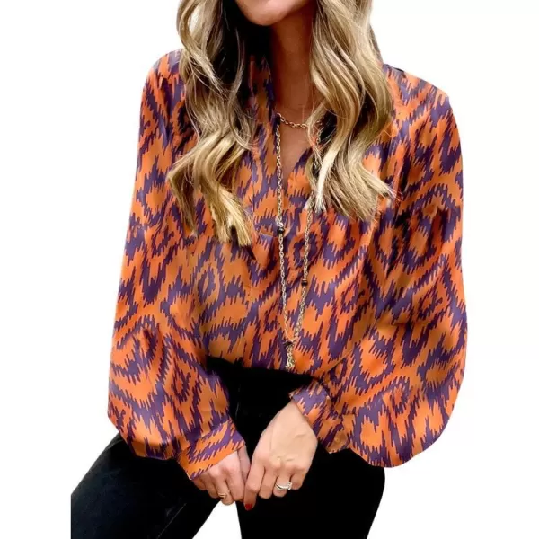 imageBTFBM Womens Casual Boho Blouse Tops Abstract Print Lapel V Neck Lantern Long Sleeve Summer Spring Loose Blouses ShirtsPrint Orange Purple