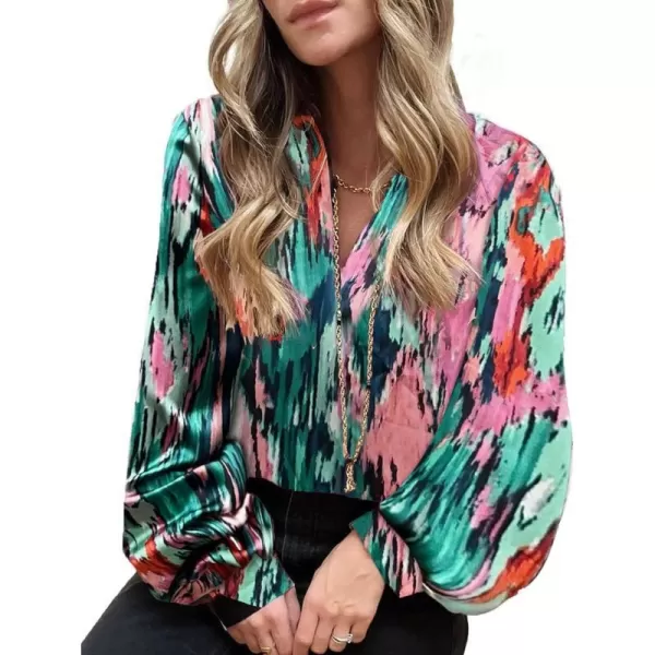 imageBTFBM Womens Casual Boho Blouse Tops Abstract Print Lapel V Neck Lantern Long Sleeve Summer Spring Loose Blouses ShirtsPrint Pink