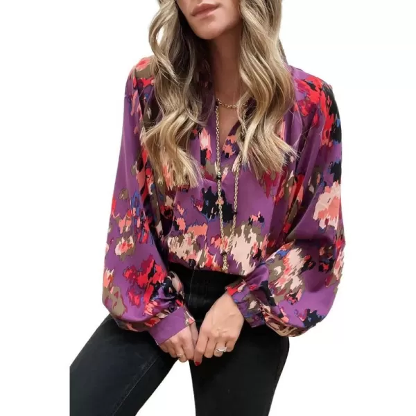 imageBTFBM Womens Casual Boho Blouse Tops Abstract Print Lapel V Neck Lantern Long Sleeve Summer Spring Loose Blouses ShirtsPrint Purple