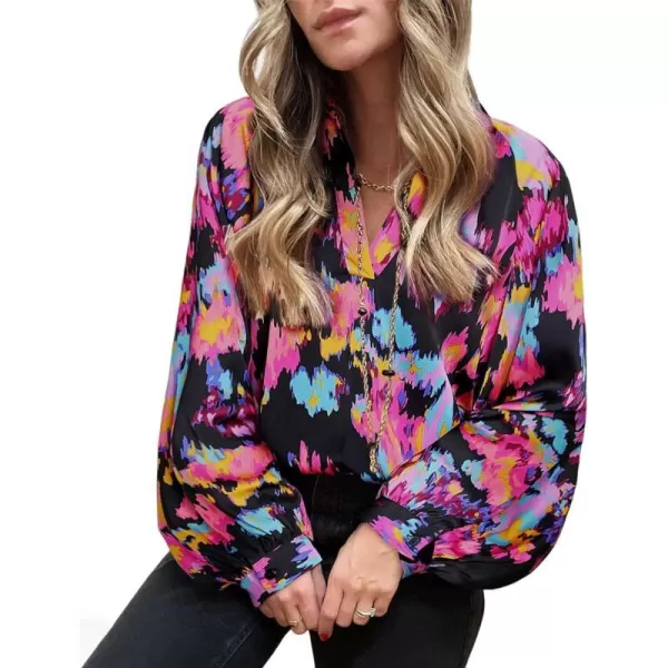 imageBTFBM Womens Casual Boho Blouse Tops Abstract Print V Neck Loose Lantern Long Sleeve 2023 Summer Fall Blouses ShirtsPrint Black