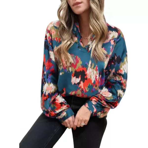 imageBTFBM Womens Casual Boho Blouse Tops Abstract Print V Neck Loose Lantern Long Sleeve 2023 Summer Fall Blouses ShirtsPrint Dark Green