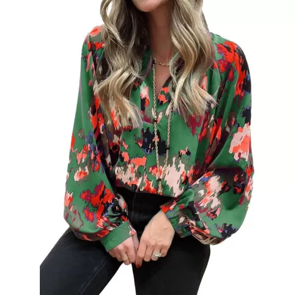 imageBTFBM Womens Casual Boho Blouse Tops Abstract Print V Neck Loose Lantern Long Sleeve 2023 Summer Fall Blouses ShirtsPrint Green