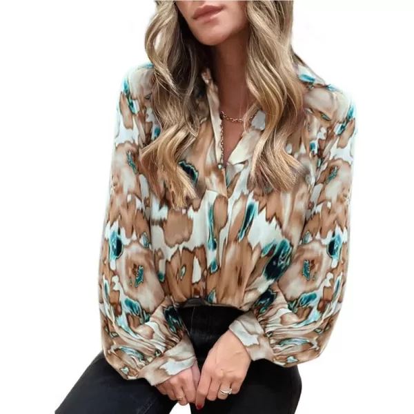 imageBTFBM Womens Casual Boho Blouse Tops Abstract Print V Neck Loose Lantern Long Sleeve 2023 Summer Fall Blouses ShirtsPrint Khaki