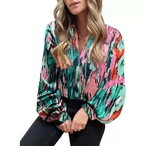 imageBTFBM Womens Casual Boho Blouse Tops Abstract Print V Neck Loose Lantern Long Sleeve 2023 Summer Fall Blouses ShirtsPrint Pink