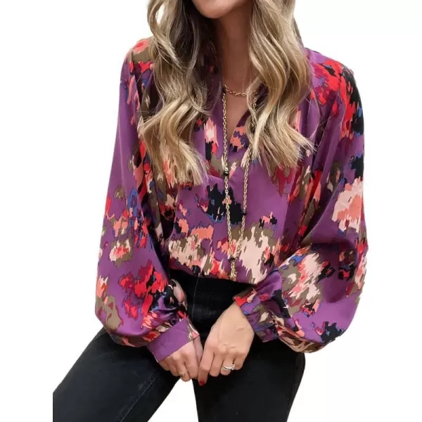 imageBTFBM Womens Casual Boho Blouse Tops Abstract Print V Neck Loose Lantern Long Sleeve 2023 Summer Fall Blouses ShirtsPrint Purple