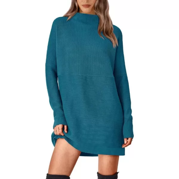 imageBTFBM Womens Casual Knit Long Pullover Sweaters Tops Mock Neck Long Sleeve Oversized Fall Winter Sweater Dresses 2023Solid Lake Blue