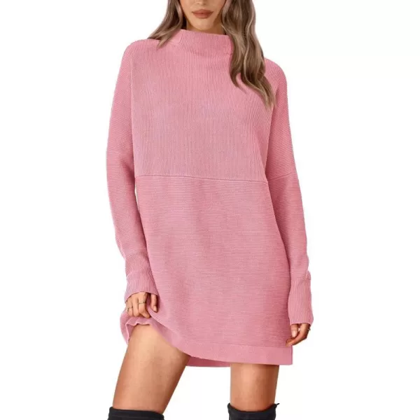 imageBTFBM Womens Casual Knit Long Pullover Sweaters Tops Mock Neck Long Sleeve Oversized Fall Winter Sweater Dresses 2023Solid Pink