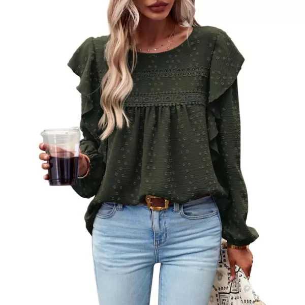 imageBTFBM Womens Casual Long Sleeve Blouse Ruffle Trim Crew Neck Crochet Loose Swiss Dot Flowy Babydoll Shirts Tunic TopsSwiss Dot Army Green