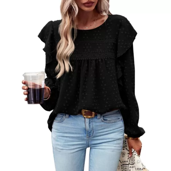 imageBTFBM Womens Casual Long Sleeve Blouse Ruffle Trim Crew Neck Crochet Loose Swiss Dot Flowy Babydoll Shirts Tunic TopsSwiss Dot Black