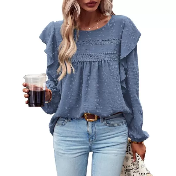 imageBTFBM Womens Casual Long Sleeve Blouse Ruffle Trim Crew Neck Crochet Loose Swiss Dot Flowy Babydoll Shirts Tunic TopsSwiss Dot Blue