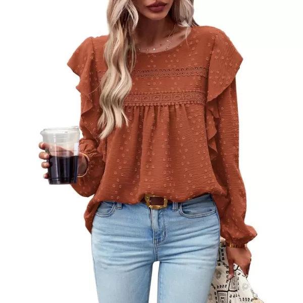 imageBTFBM Womens Casual Long Sleeve Blouse Ruffle Trim Crew Neck Crochet Loose Swiss Dot Flowy Babydoll Shirts Tunic TopsSwiss Dot Brick Red