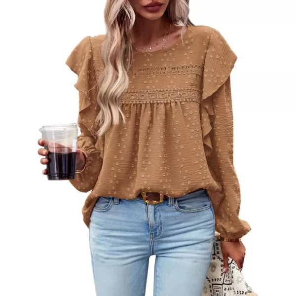 imageBTFBM Womens Casual Long Sleeve Blouse Ruffle Trim Crew Neck Crochet Loose Swiss Dot Flowy Babydoll Shirts Tunic TopsSwiss Dot Brown