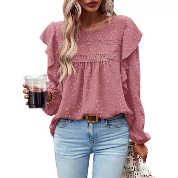 imageBTFBM Womens Casual Long Sleeve Blouse Ruffle Trim Crew Neck Crochet Loose Swiss Dot Flowy Babydoll Shirts Tunic TopsSwiss Dot Pink