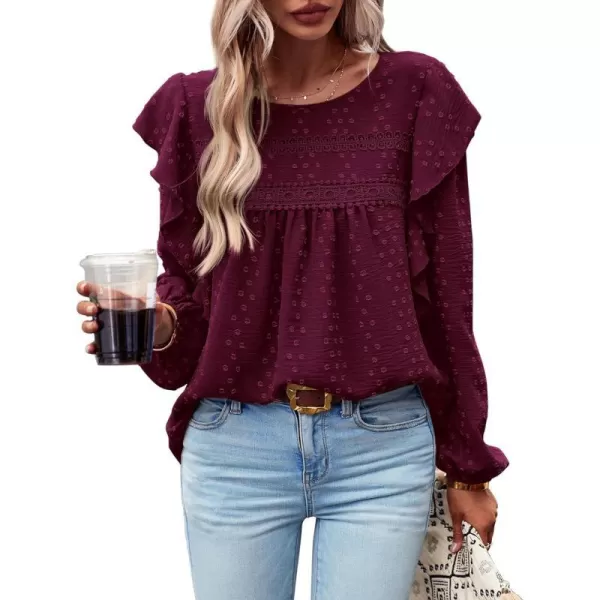 imageBTFBM Womens Casual Long Sleeve Blouse Ruffle Trim Crew Neck Crochet Loose Swiss Dot Flowy Babydoll Shirts Tunic TopsSwiss Dot Wine Red