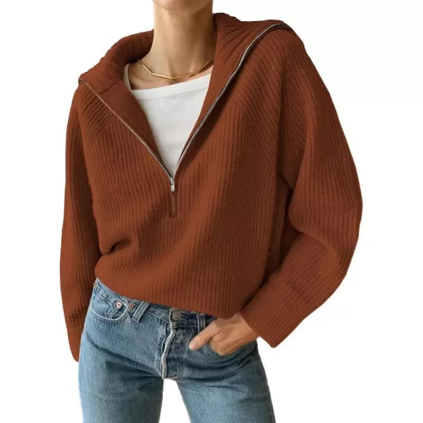 imageBTFBM Womens Casual Long Sleeve Half Zip Pullover Sweaters Solid V Neck Collar Ribbed Knitted Loose Slouchy Jumper TopsSolid Caramel