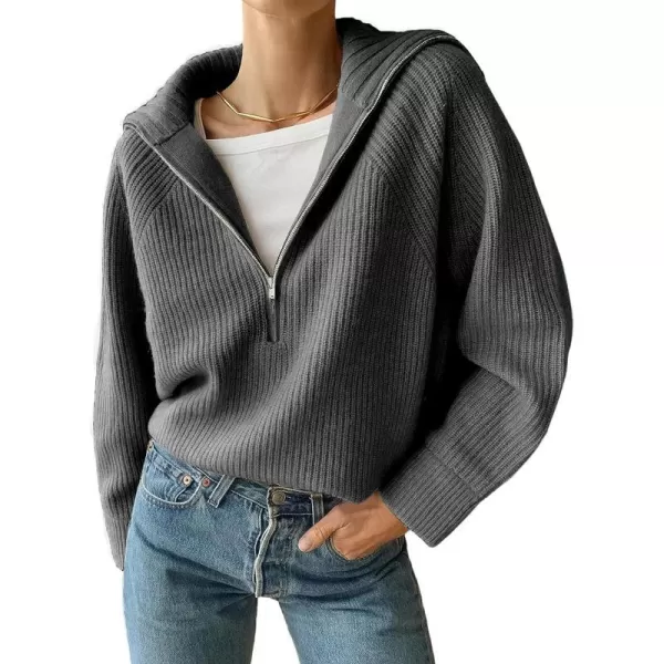 imageBTFBM Womens Casual Long Sleeve Half Zip Pullover Sweaters Solid V Neck Collar Ribbed Knitted Loose Slouchy Jumper TopsSolid Dark Grey