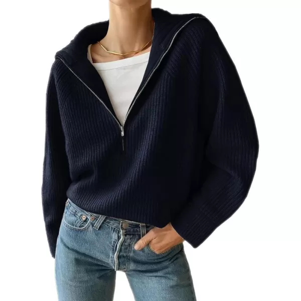 imageBTFBM Womens Casual Long Sleeve Half Zip Pullover Sweaters Solid V Neck Collar Ribbed Knitted Loose Slouchy Jumper TopsSolid Navy
