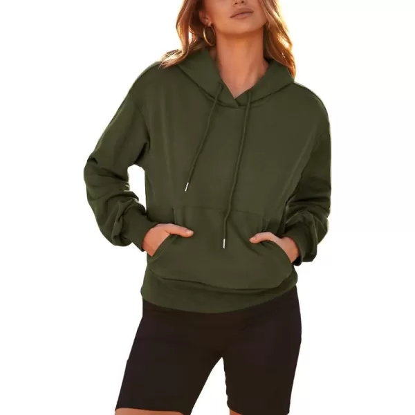 imageBTFBM Womens Casual Long Sleeve Hoodies Pullover Fall Winter 2023 Fashion Drawstring Cropped Sweatshirts Tops PocketsSolid Army Green