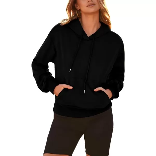 imageBTFBM Womens Casual Long Sleeve Hoodies Pullover Fall Winter 2023 Fashion Drawstring Cropped Sweatshirts Tops PocketsSolid Black