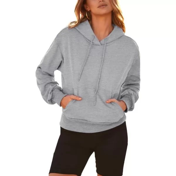 imageBTFBM Womens Casual Long Sleeve Hoodies Pullover Fall Winter 2023 Fashion Drawstring Cropped Sweatshirts Tops PocketsSolid Grey