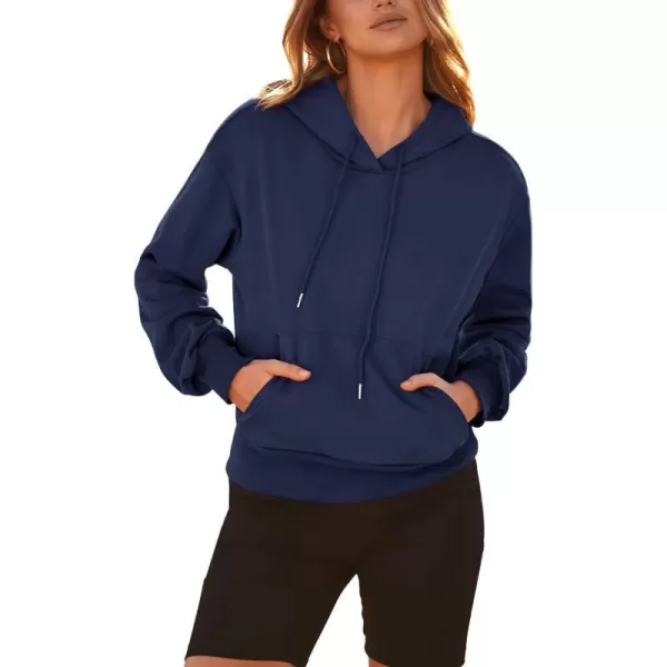 imageBTFBM Womens Casual Long Sleeve Hoodies Pullover Fall Winter 2023 Fashion Drawstring Cropped Sweatshirts Tops PocketsSolid Navy