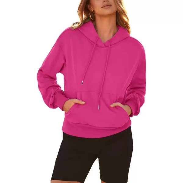 imageBTFBM Womens Casual Long Sleeve Hoodies Pullover Fall Winter 2023 Fashion Drawstring Cropped Sweatshirts Tops PocketsSolid Rose Red