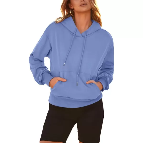 imageBTFBM Womens Casual Long Sleeve Hoodies Pullover Fall Winter 2023 Fashion Drawstring Cropped Sweatshirts Tops PocketsSolid Sky Blue