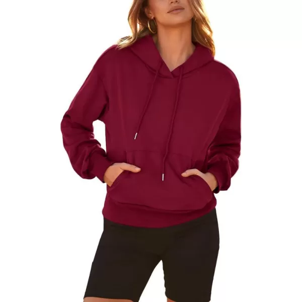 imageBTFBM Womens Casual Long Sleeve Hoodies Pullover Fall Winter 2023 Fashion Drawstring Cropped Sweatshirts Tops PocketsSolid Wine Red