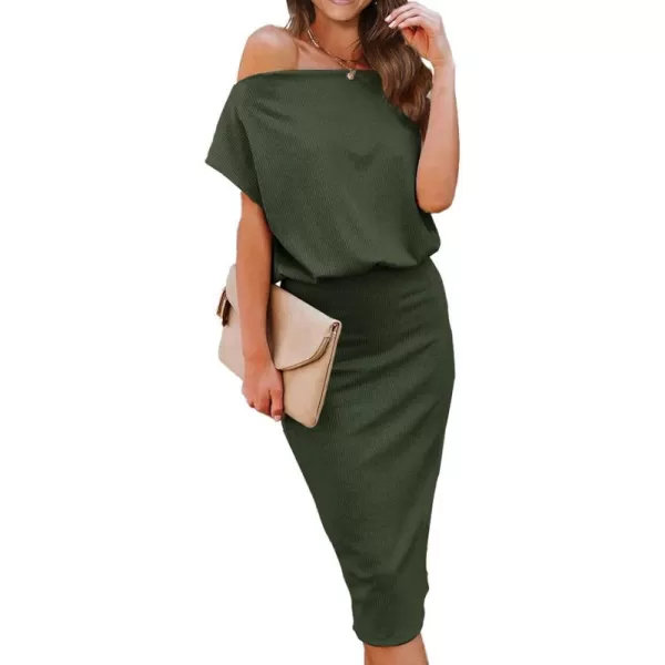 imageBTFBM Womens Casual Party Dresses 2023 Summer Spring Off The Shoulder Short Sleeve Slim Ribbed Knit Midi Bodycon DressSolid Army Green