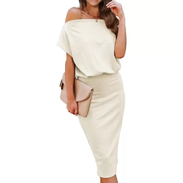 imageBTFBM Womens Casual Party Dresses 2023 Summer Spring Off The Shoulder Short Sleeve Slim Ribbed Knit Midi Bodycon DressSolid Beige Apricot