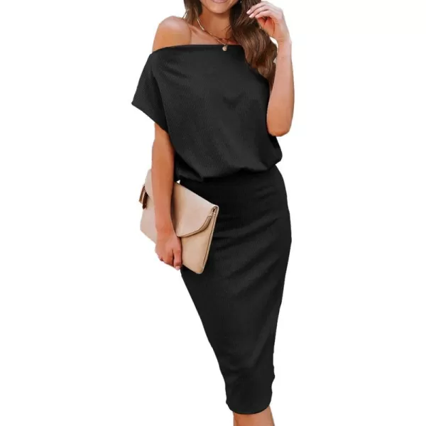 imageBTFBM Womens Casual Party Dresses 2023 Summer Spring Off The Shoulder Short Sleeve Slim Ribbed Knit Midi Bodycon DressSolid Black