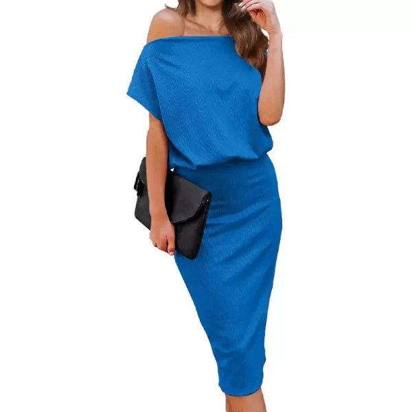imageBTFBM Womens Casual Party Dresses 2023 Summer Spring Off The Shoulder Short Sleeve Slim Ribbed Knit Midi Bodycon DressSolid Blue