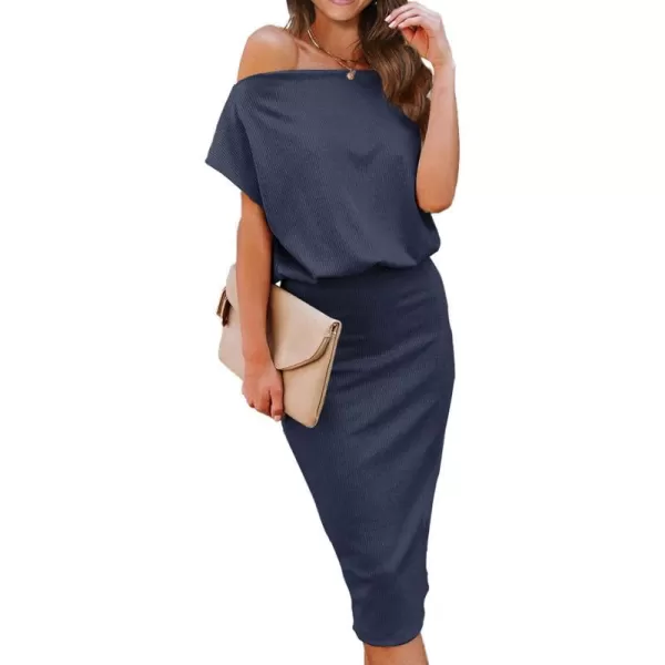 imageBTFBM Womens Casual Party Dresses 2023 Summer Spring Off The Shoulder Short Sleeve Slim Ribbed Knit Midi Bodycon DressSolid Bright Blue