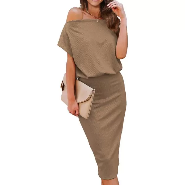 imageBTFBM Womens Casual Party Dresses 2023 Summer Spring Off The Shoulder Short Sleeve Slim Ribbed Knit Midi Bodycon DressSolid Camel