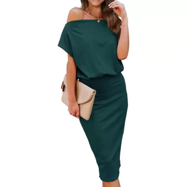 imageBTFBM Womens Casual Party Dresses 2023 Summer Spring Off The Shoulder Short Sleeve Slim Ribbed Knit Midi Bodycon DressSolid Dark Green