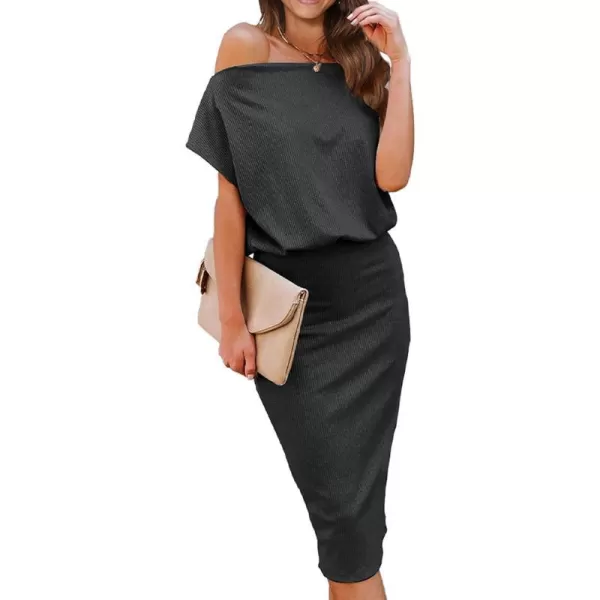 imageBTFBM Womens Casual Party Dresses 2023 Summer Spring Off The Shoulder Short Sleeve Slim Ribbed Knit Midi Bodycon DressSolid Dark Grey