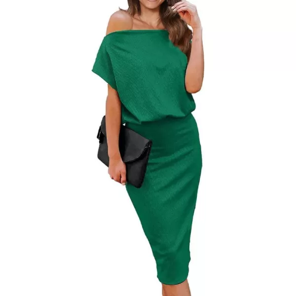imageBTFBM Womens Casual Party Dresses 2023 Summer Spring Off The Shoulder Short Sleeve Slim Ribbed Knit Midi Bodycon DressSolid Green