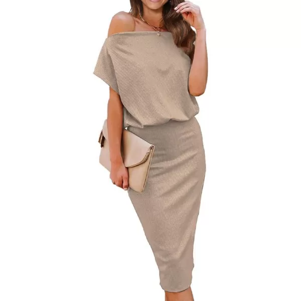 imageBTFBM Womens Casual Party Dresses 2023 Summer Spring Off The Shoulder Short Sleeve Slim Ribbed Knit Midi Bodycon DressSolid Khaki