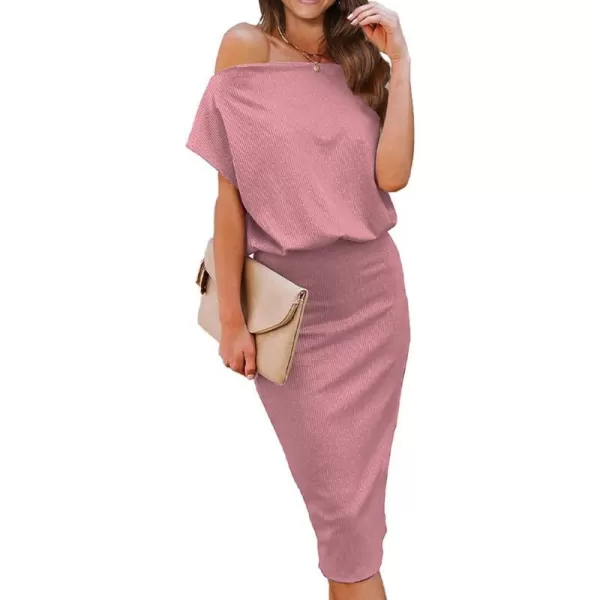 imageBTFBM Womens Casual Party Dresses 2023 Summer Spring Off The Shoulder Short Sleeve Slim Ribbed Knit Midi Bodycon DressSolid Pink