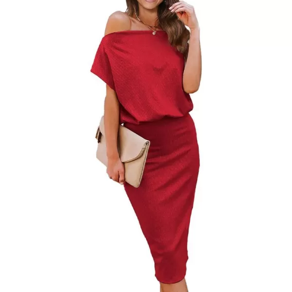imageBTFBM Womens Casual Party Dresses 2023 Summer Spring Off The Shoulder Short Sleeve Slim Ribbed Knit Midi Bodycon DressSolid Red